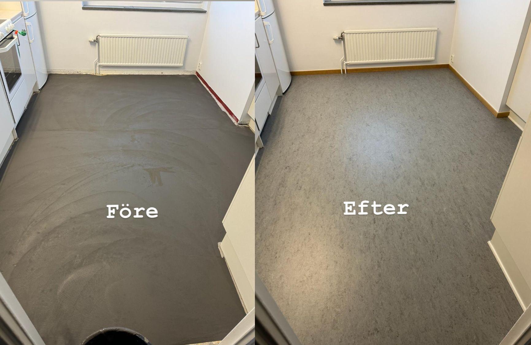 Köksgolv före och efter renovering, med grått golv före och nytt, ljusare golv efter.