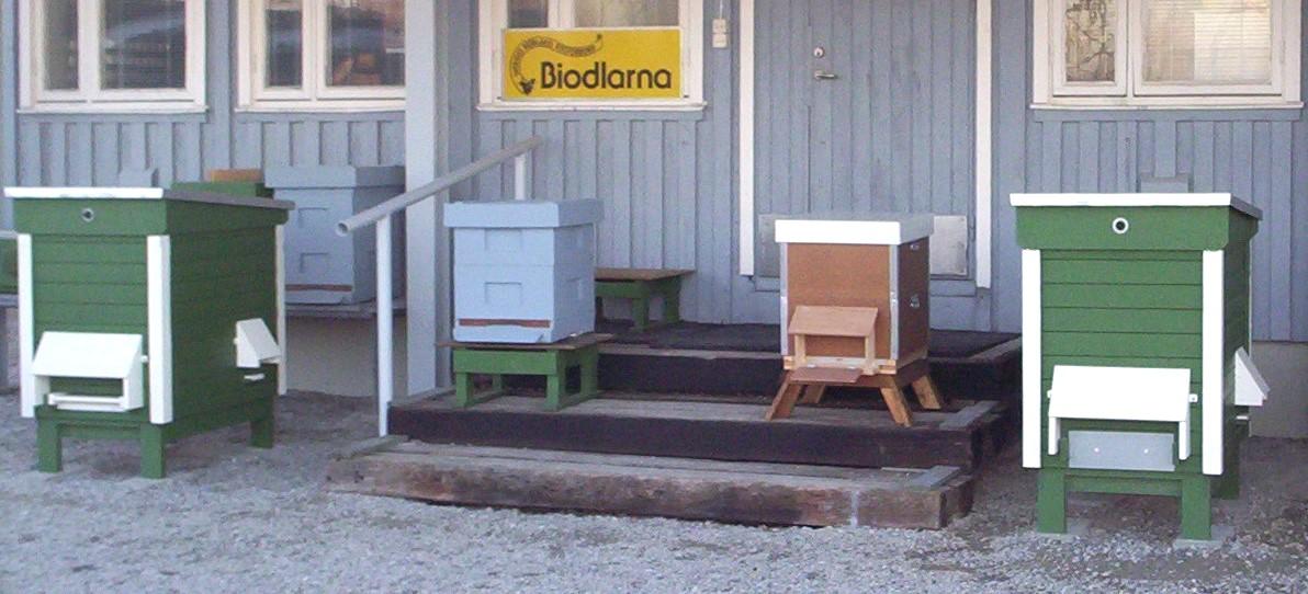 Flera bikupor i olika färger står på en trappa framför en blå byggnad med en skylt.