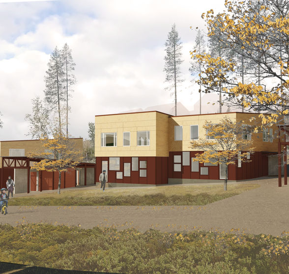 Moderna byggnader i en naturskön miljö med träd och höstfärger, människor som promenerar och cyklar.