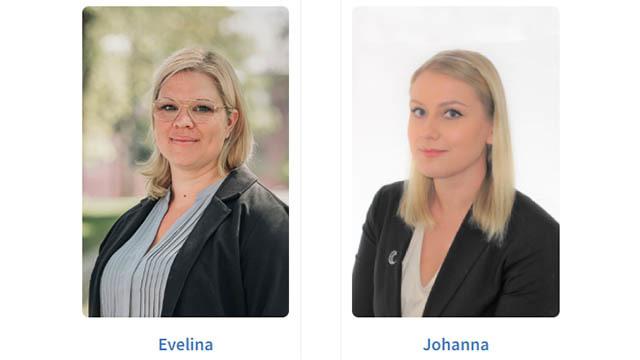 Två porträtt av kvinnor, Evelina och Johanna, klädda i affärskläder med professionella uttryck.