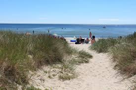 En sandstig genom gräs som leder till en strand med människor som njuter av solen och havet.