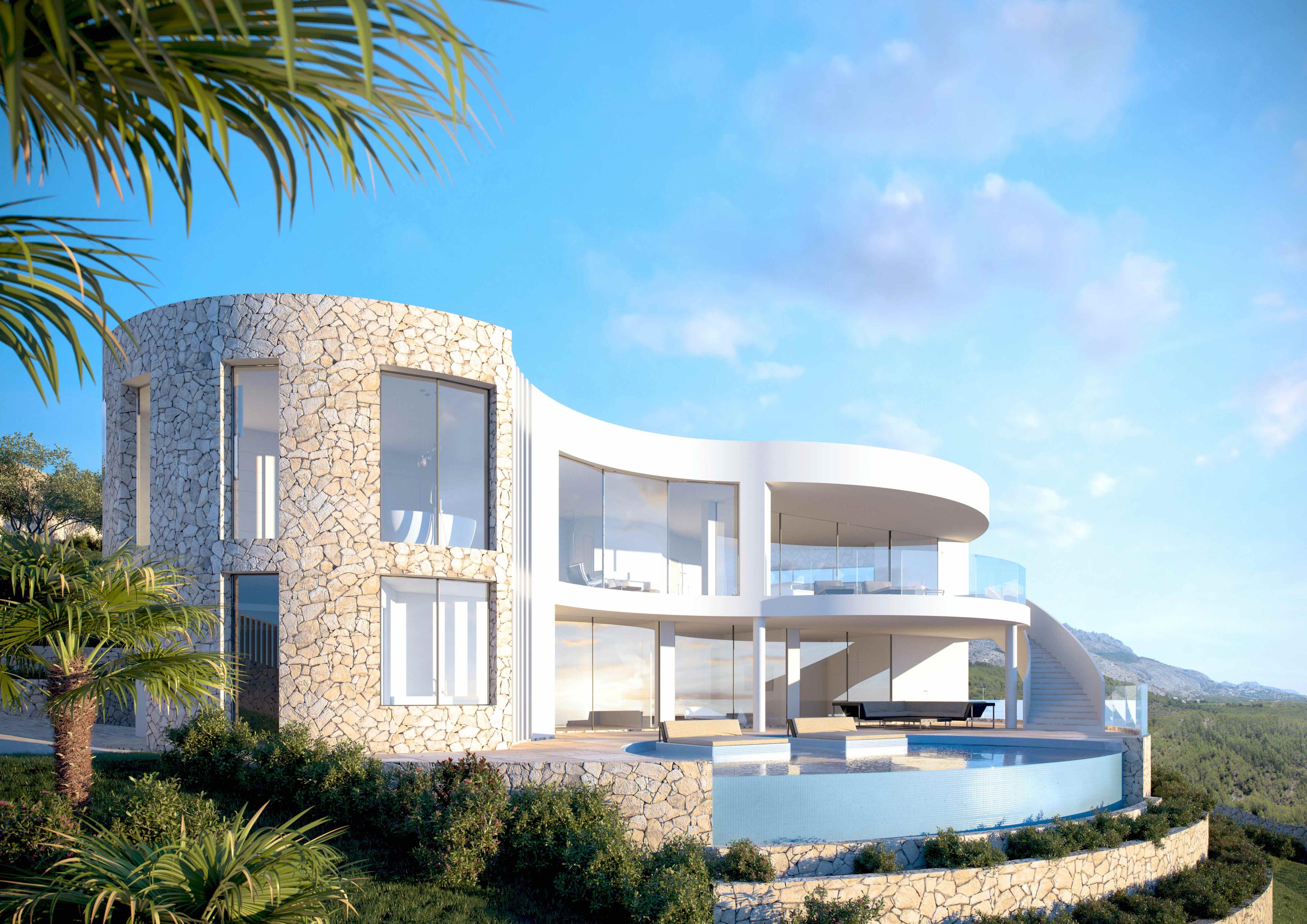 En modern villa med rundad design, stora fönster och en pool, omgiven av grönska och berg.